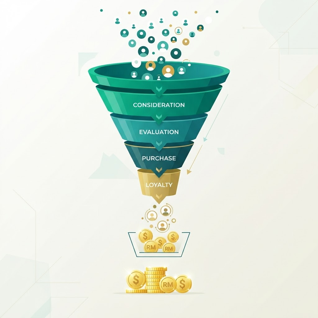 Ilustrasi funnel jualan menukar prospek kepada pelanggan
